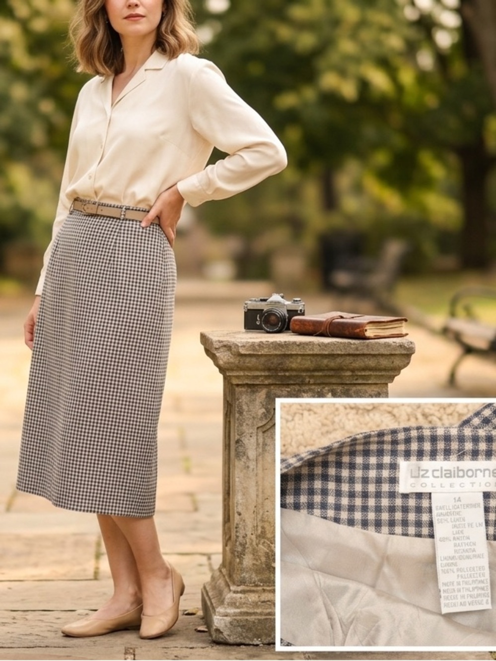 Vintage Liz Claiborne Collection Cream Gingham Wrap Midi Skirt Size 14 Pin-up